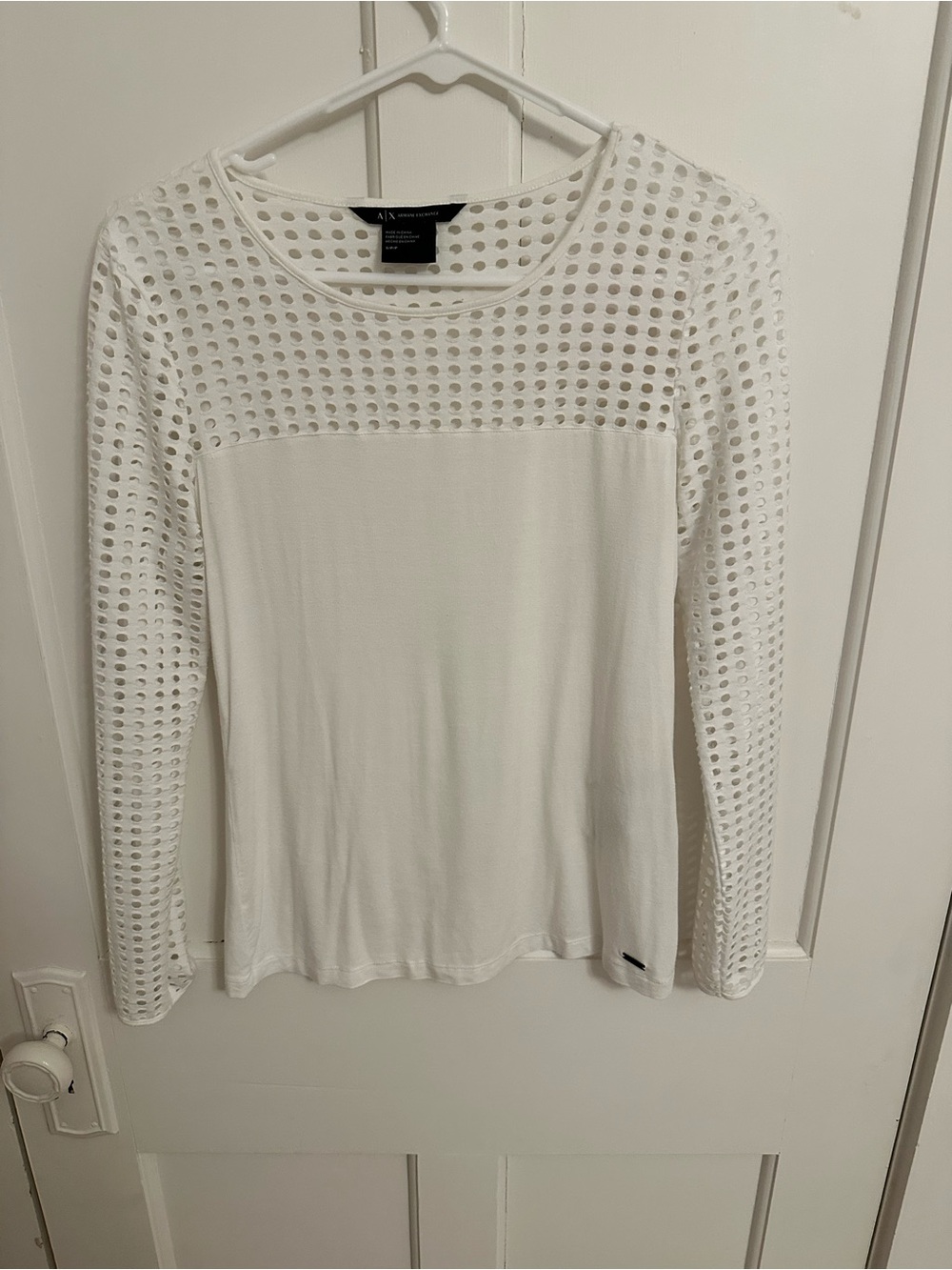 Armani Exchange White Long-Sleeve Mesh-Panel Top